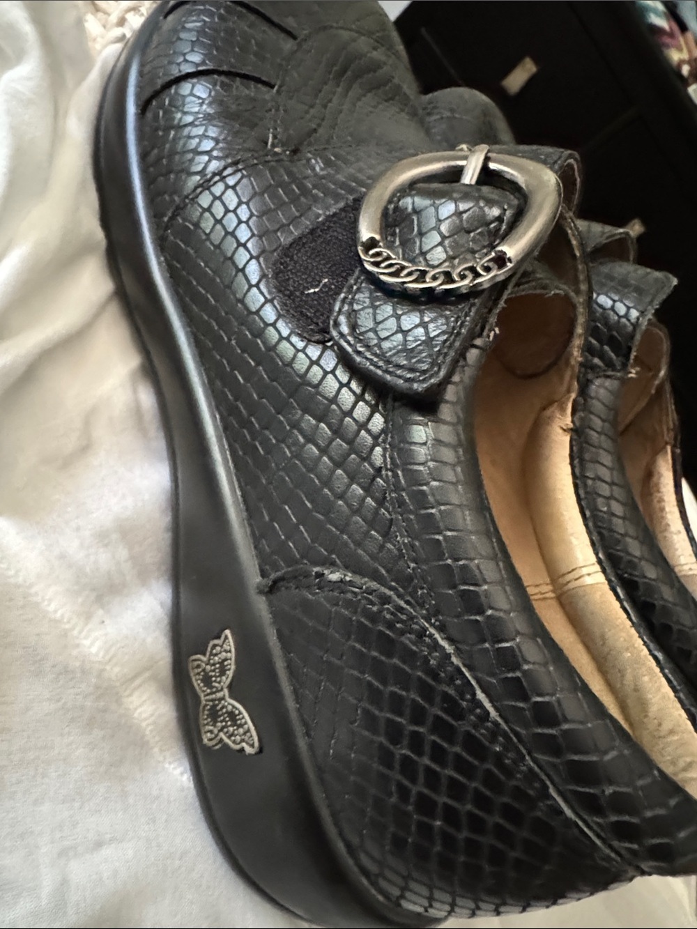Alegria Black Leather Slip-On Loafers with Silver Buckle - Picture 5 of 7